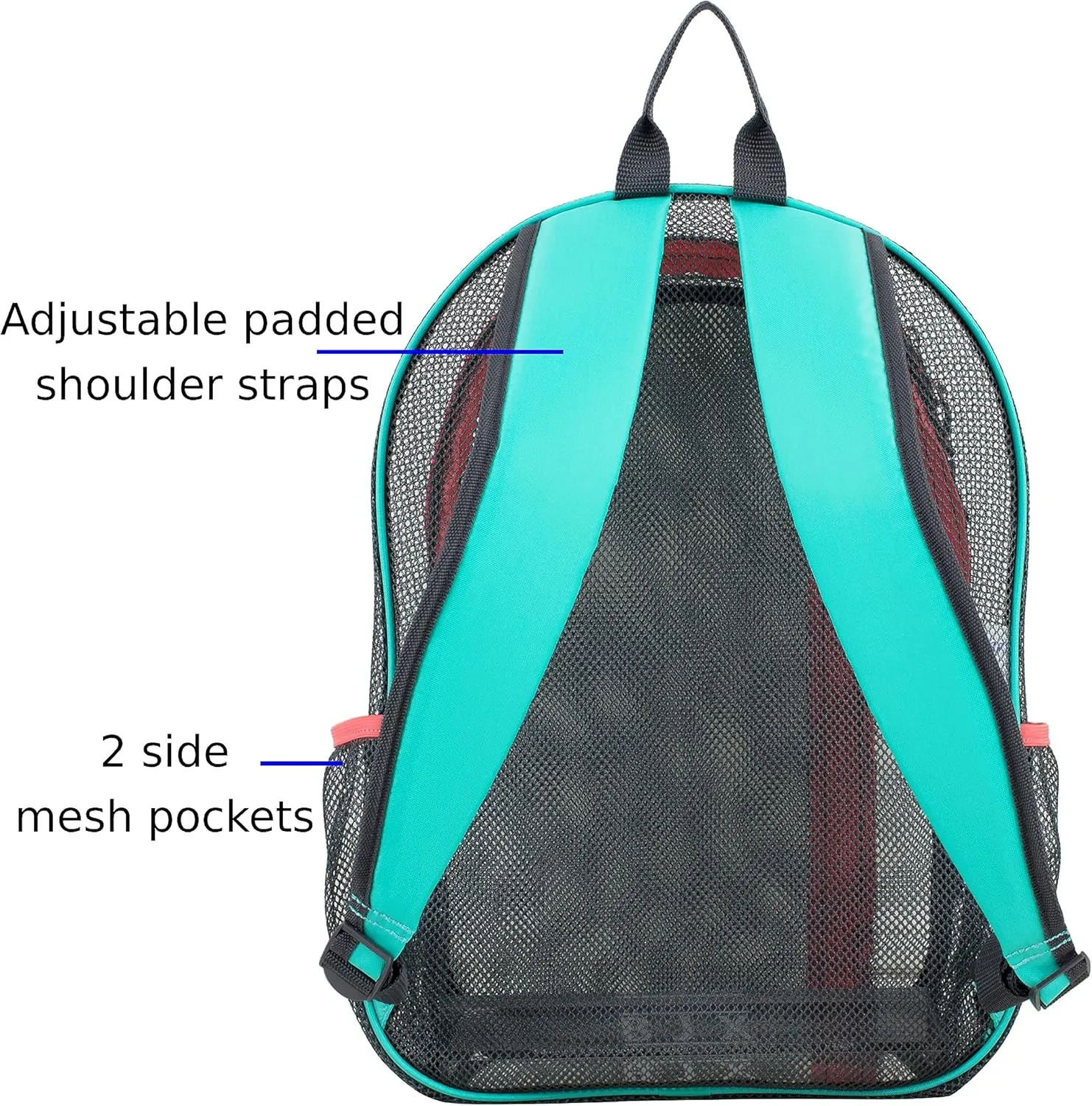 Eastsport Active Mesh Backpack See Through Semi Transparent with Adjustable Straps for Work, Travel, Security, Swimming and Beach - Grey/Turquoise/Sweet Coral