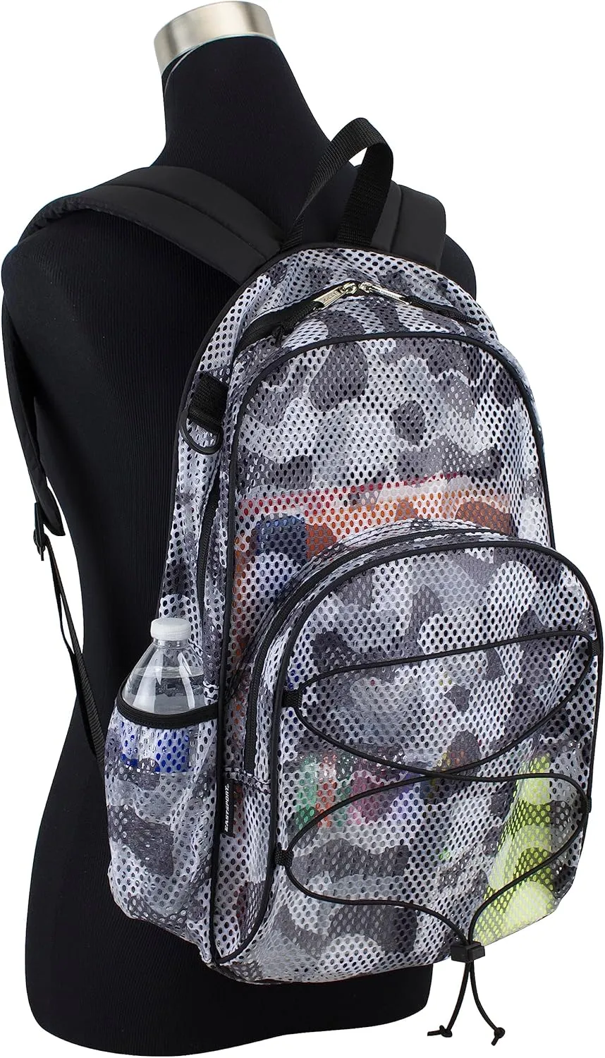 Eastsport Mesh Beach Large Backpack Lightweight Bungee See Through for Travel, College, Swim, Gym Bag, Grey Graphite Camo