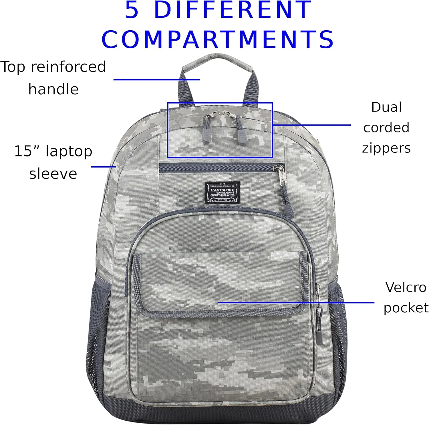 Eastsport Travel Backpack Large Tech Laptop Bag for Work, Gym, Hiking, Static Camo