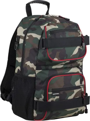 Eastsport Travel Skateboard Backpack Double Strap Laptop Bag Multi-Sport Design for Men and Women, Black Green Camo Red Trim