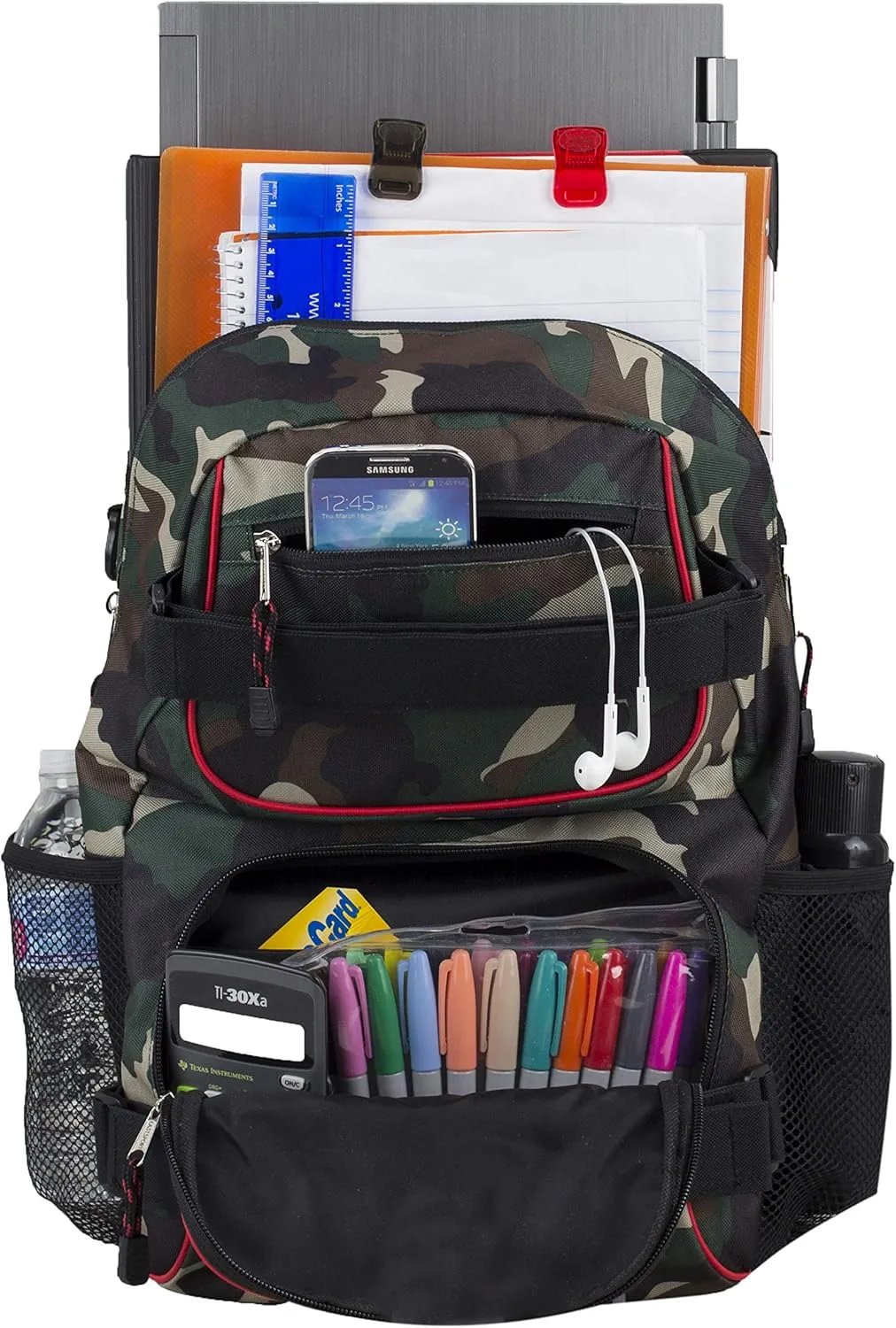 Eastsport Travel Skateboard Backpack Double Strap Laptop Bag Multi-Sport Design for Men and Women, Black Green Camo Red Trim