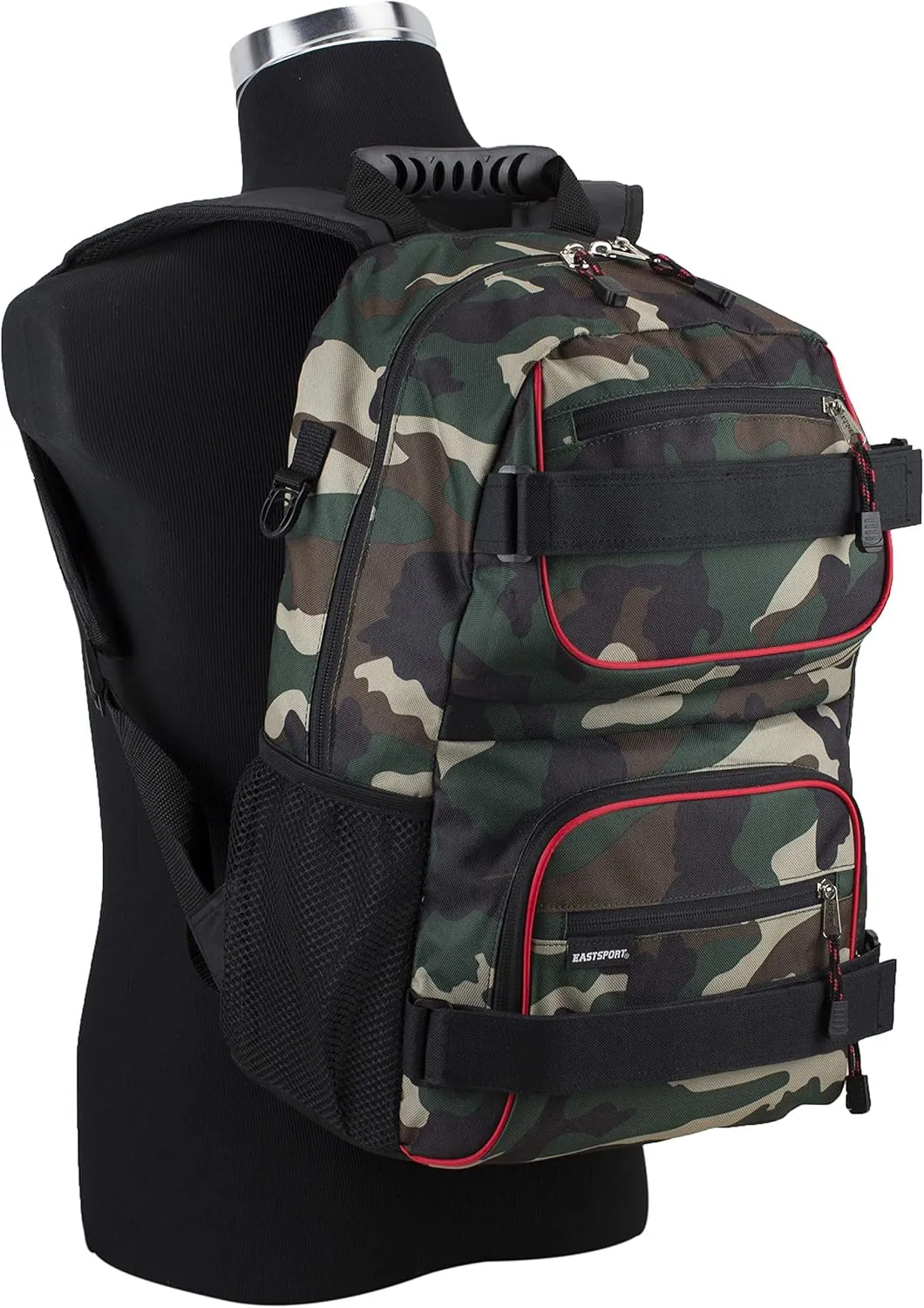 Eastsport Travel Skateboard Backpack Double Strap Laptop Bag Multi-Sport Design for Men and Women, Black Green Camo Red Trim