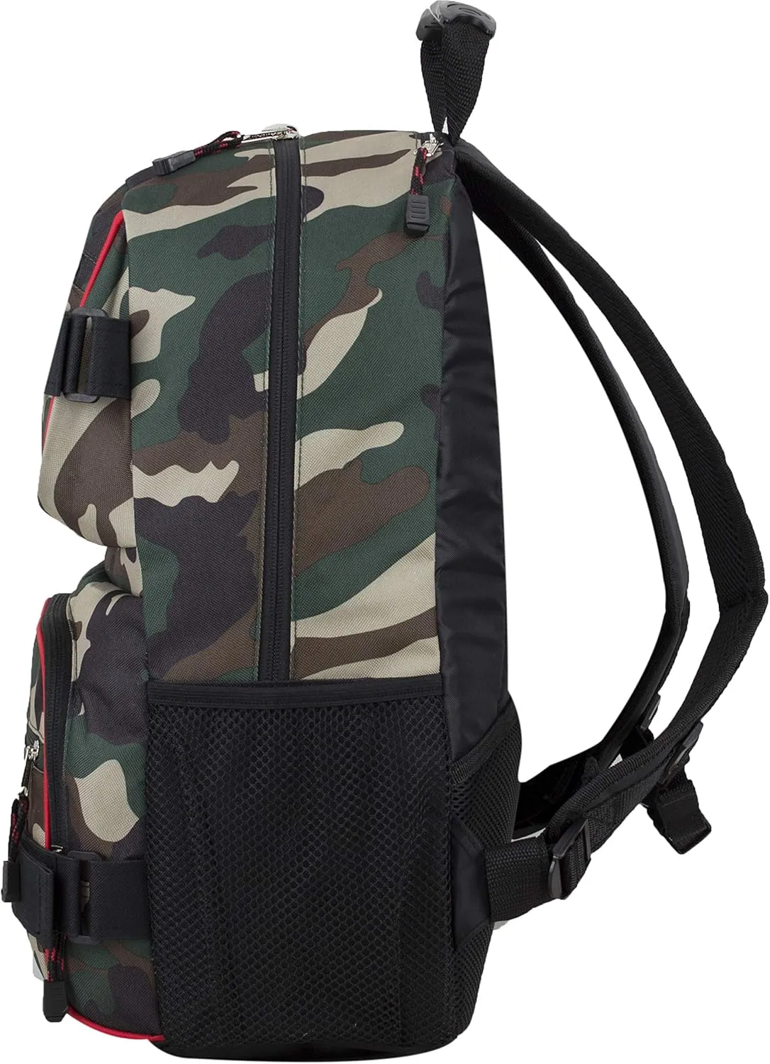 Eastsport Travel Skateboard Backpack Double Strap Laptop Bag Multi-Sport Design for Men and Women, Black Green Camo Red Trim