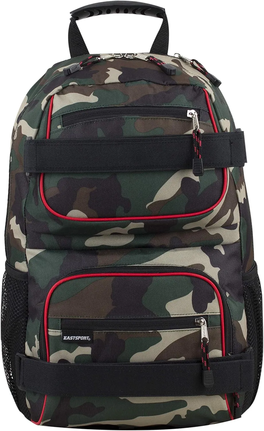 Eastsport Travel Skateboard Backpack Double Strap Laptop Bag Multi-Sport Design for Men and Women, Black Green Camo Red Trim