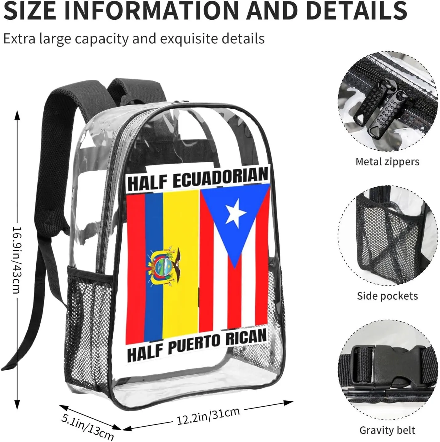 Ecuadorian Puerto Rican Ecuador Puerto Rico Flag 16 Inch Clear PVC Backpacks Transparent Backpack Multipurpose Double Shoulder Bag for Men Women Gifts