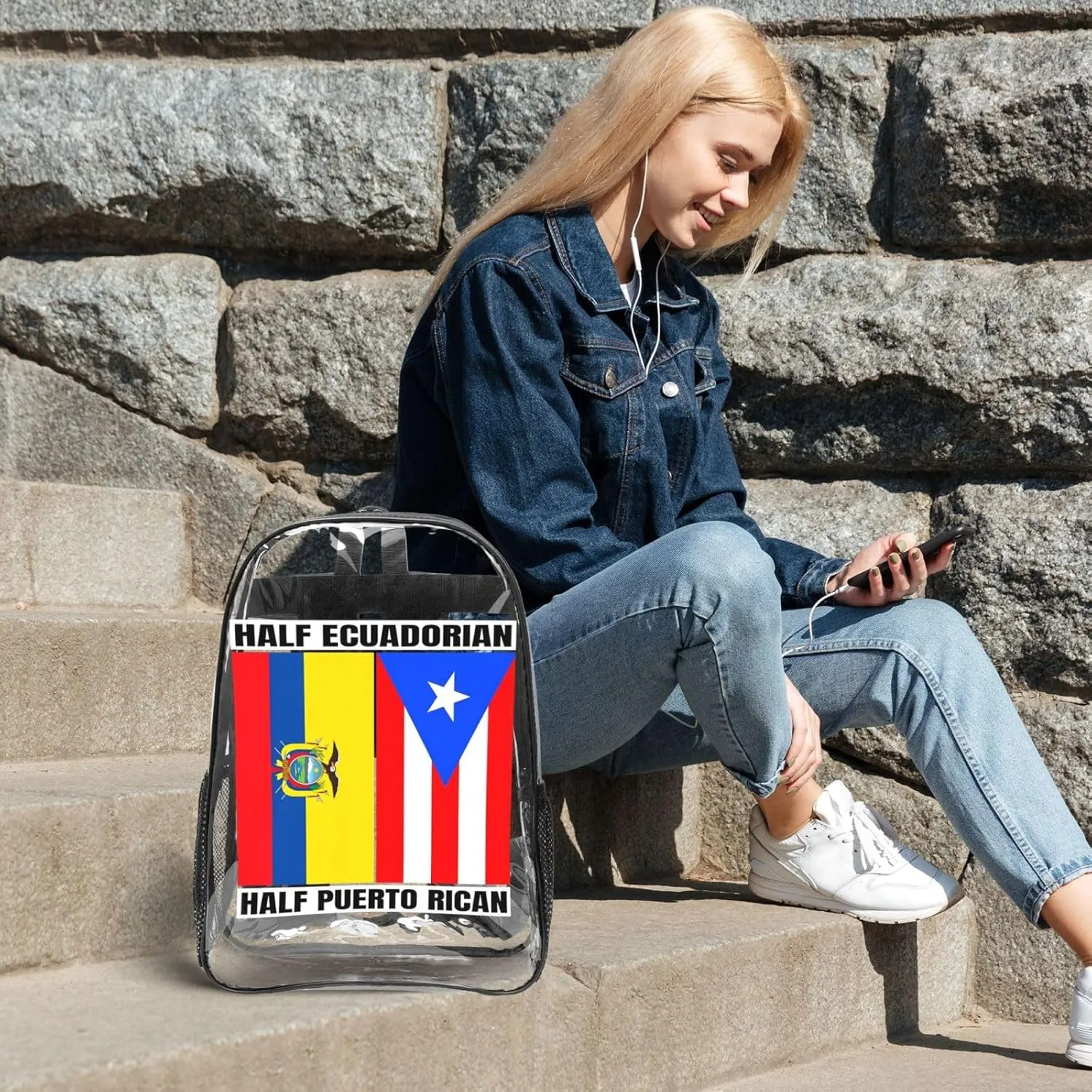 Ecuadorian Puerto Rican Ecuador Puerto Rico Flag 16 Inch Clear PVC Backpacks Transparent Backpack Multipurpose Double Shoulder Bag for Men Women Gifts