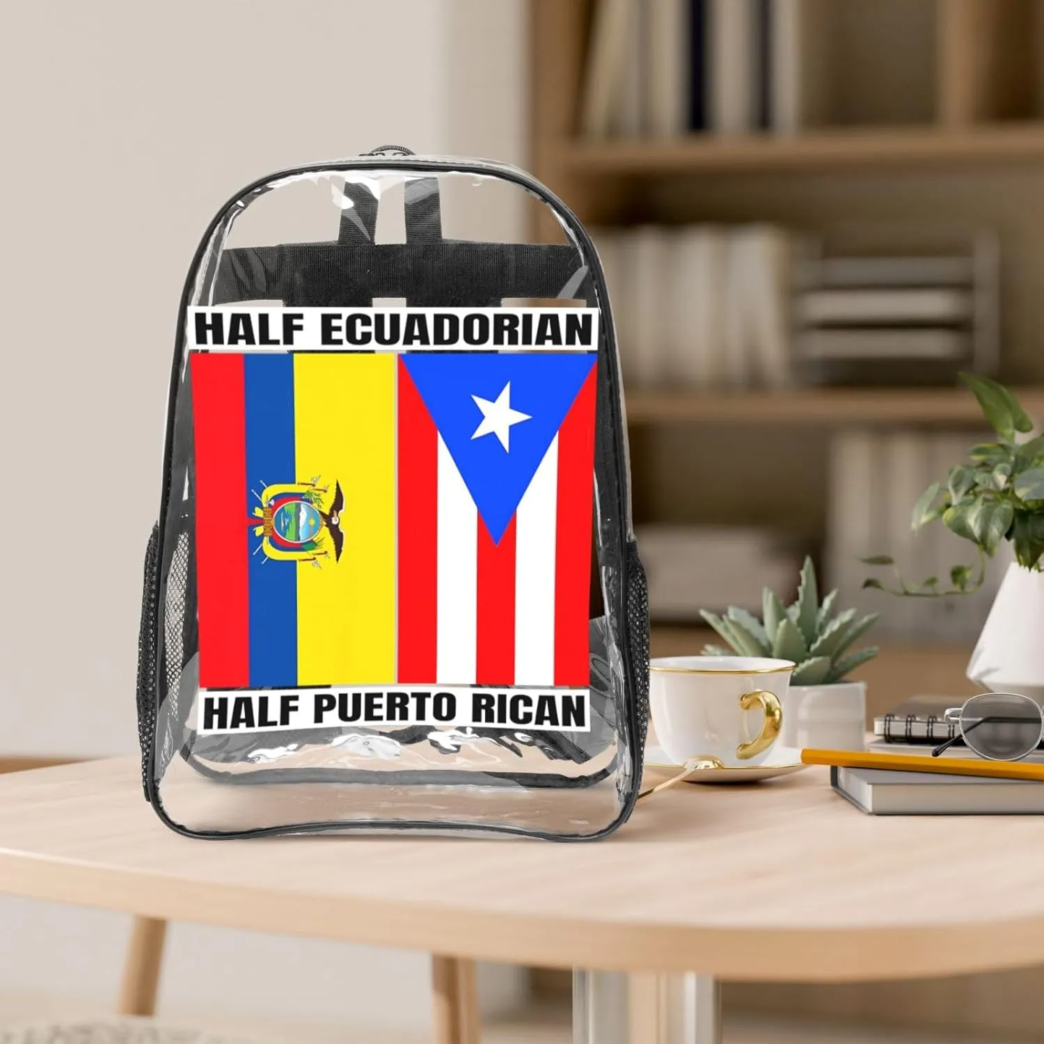 Ecuadorian Puerto Rican Ecuador Puerto Rico Flag 16 Inch Clear PVC Backpacks Transparent Backpack Multipurpose Double Shoulder Bag for Men Women Gifts