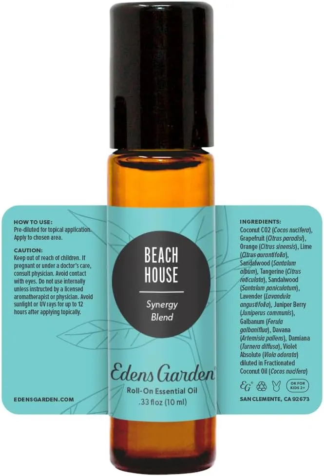 Edens Garden Beach House Essential Oil Roll-On Blend- 100% Pure Premium Grade, Natural, Therapeutic, Aromatherapy, Kid & Skin Safe, The Best for Travel, Relaxation Pre-Diluted 10 ml (.33 fl oz)