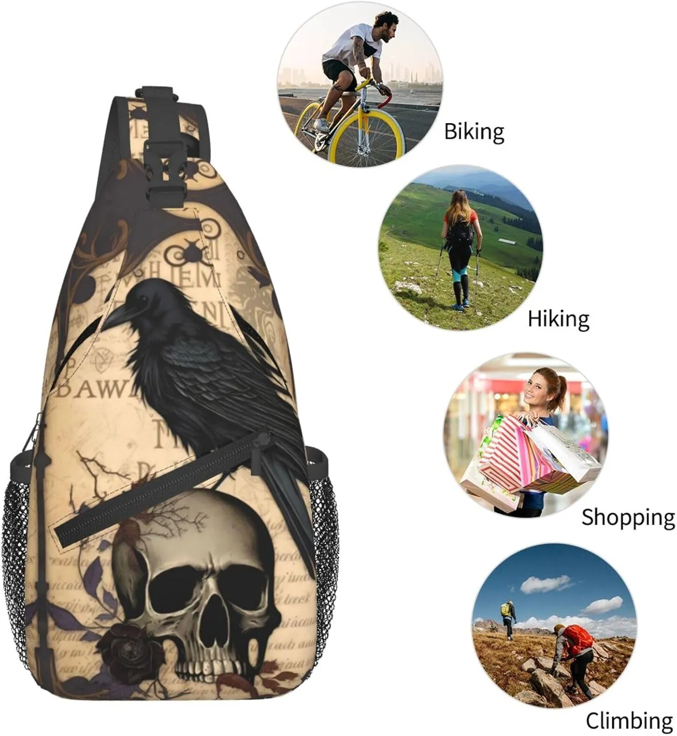 Edgar Allan Poe The Raven Skull 1 Crossbody Chest Bags for Women, Small Crossbody Shoulder Bag Sling Bag Travel Hiking Daypack