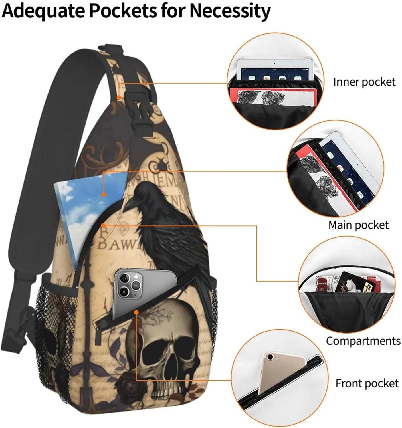 Edgar Allan Poe The Raven Skull 1 Crossbody Chest Bags for Women, Small Crossbody Shoulder Bag Sling Bag Travel Hiking Daypack