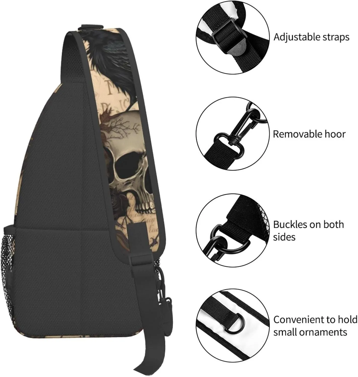 Edgar Allan Poe The Raven Skull 1 Crossbody Chest Bags for Women, Small Crossbody Shoulder Bag Sling Bag Travel Hiking Daypack