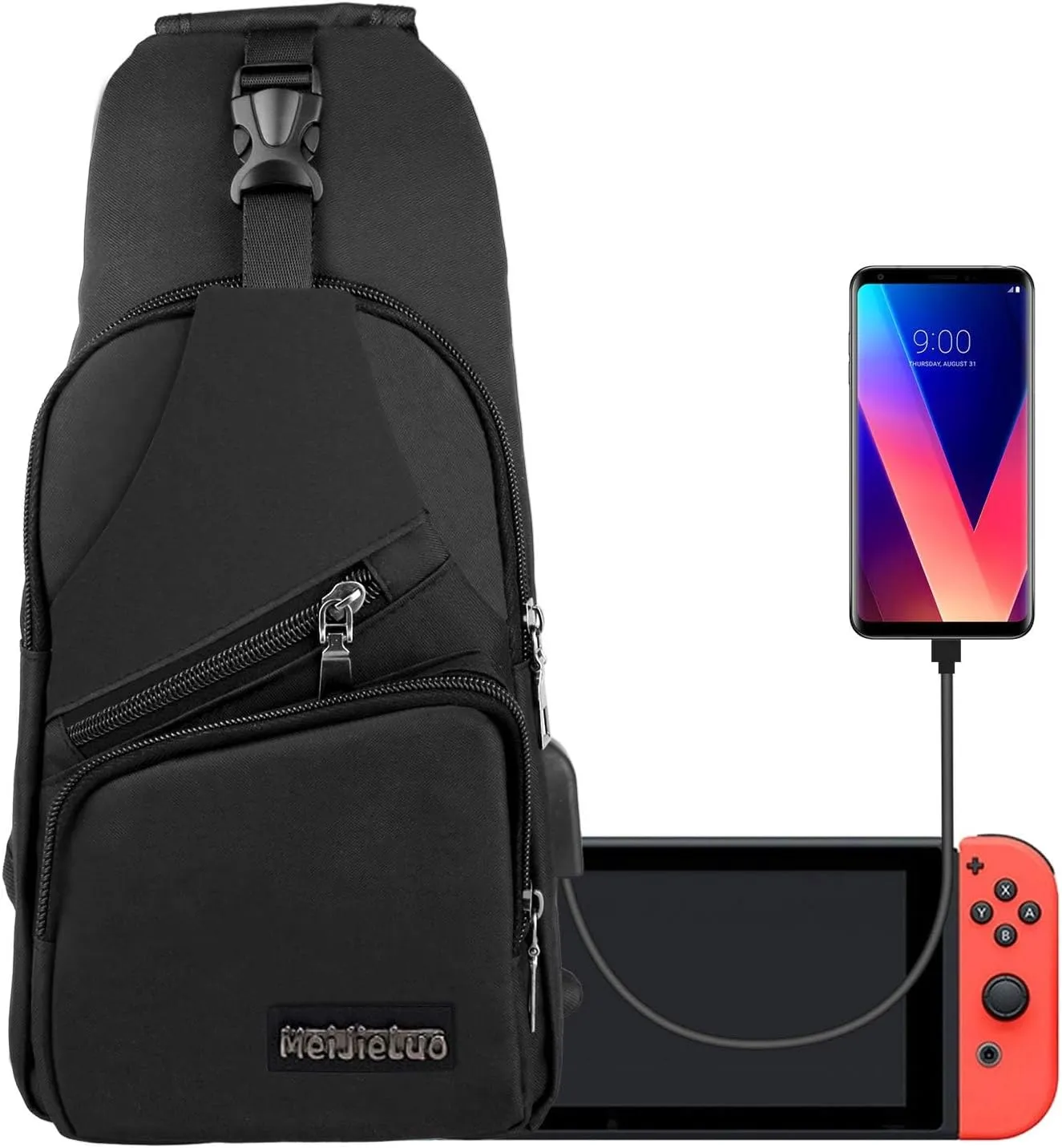 EEEKit Sling Backpack, Small Black Sling Crossbody Backpack Shoulder Bag for Men Women, Backpack Crossbody Travel Bag Joy-Cons and Accessories, Charge Your Phone Via Side USB Charging Interface