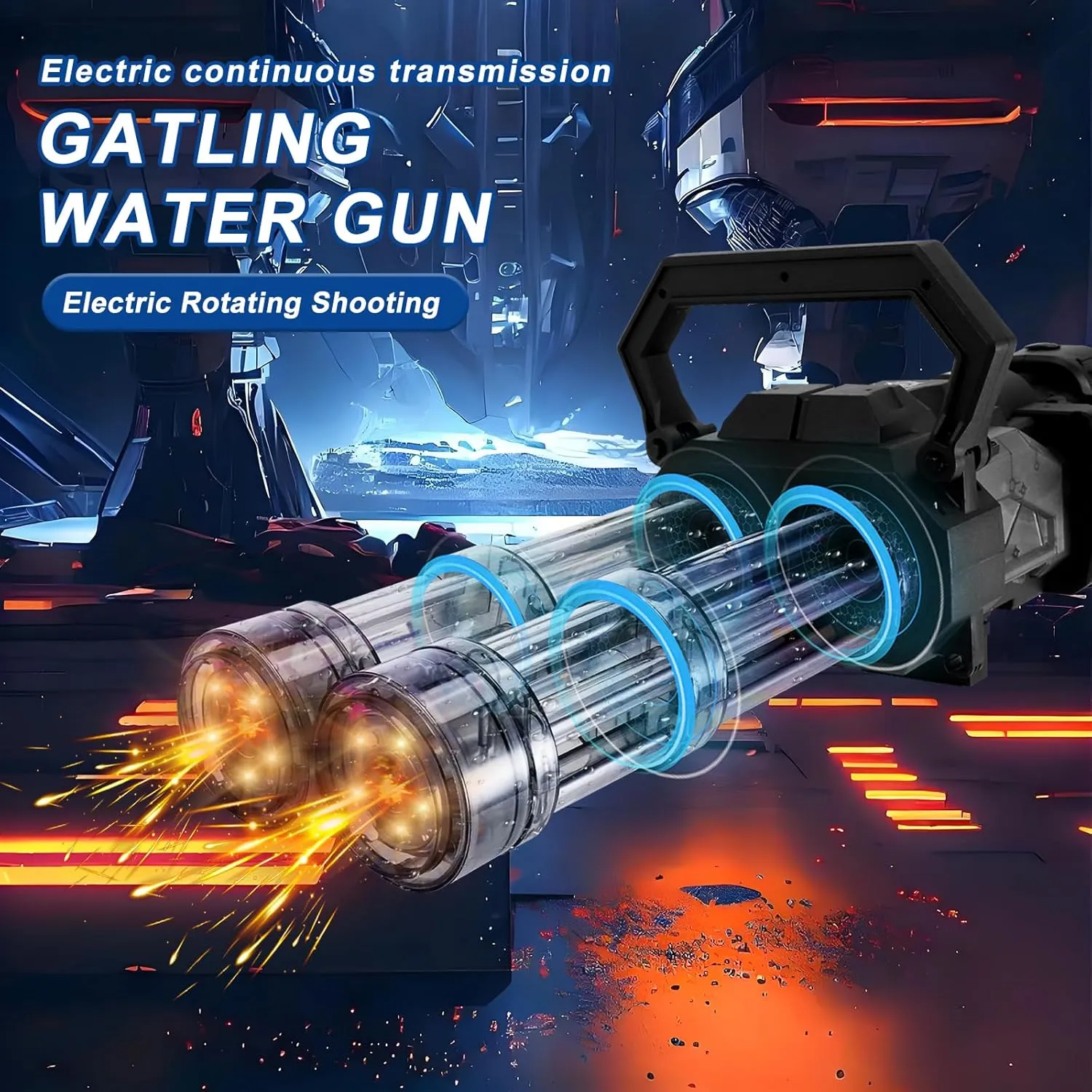 Electric Gatling Water Gun with Cool Light, Rechargeable Battery Module, Large Capacity Backpack, 26-28 Feet Long Range Automatic Water Blaster. (Transparent Blue)