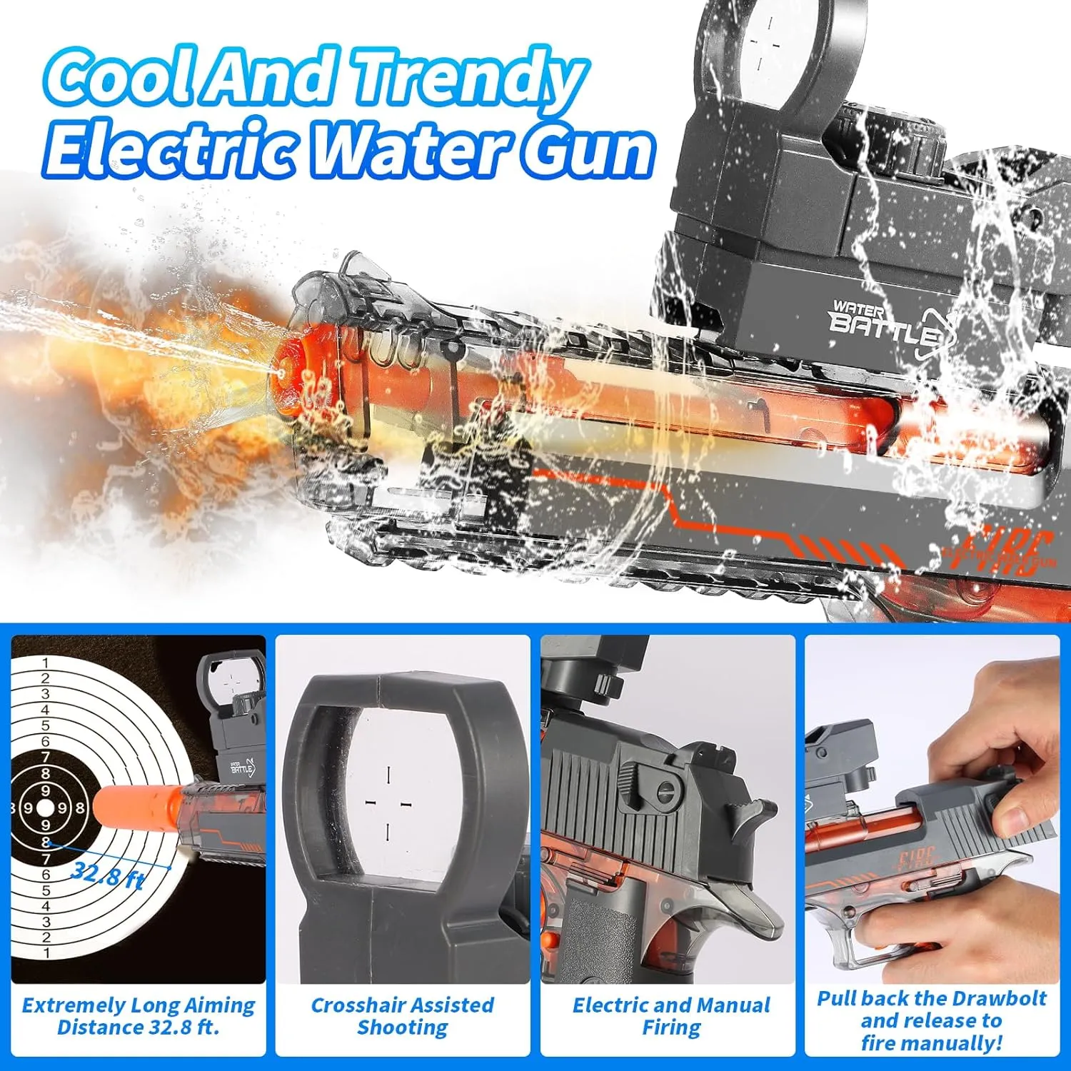 Electric Water Gun, Water Guns for Adults and Kids, Automatic High Power 500ml Squirt Gun, Long Range Water Gun Summer Water Toys for Boys Girls Pool Party Beach Outdoor Grey