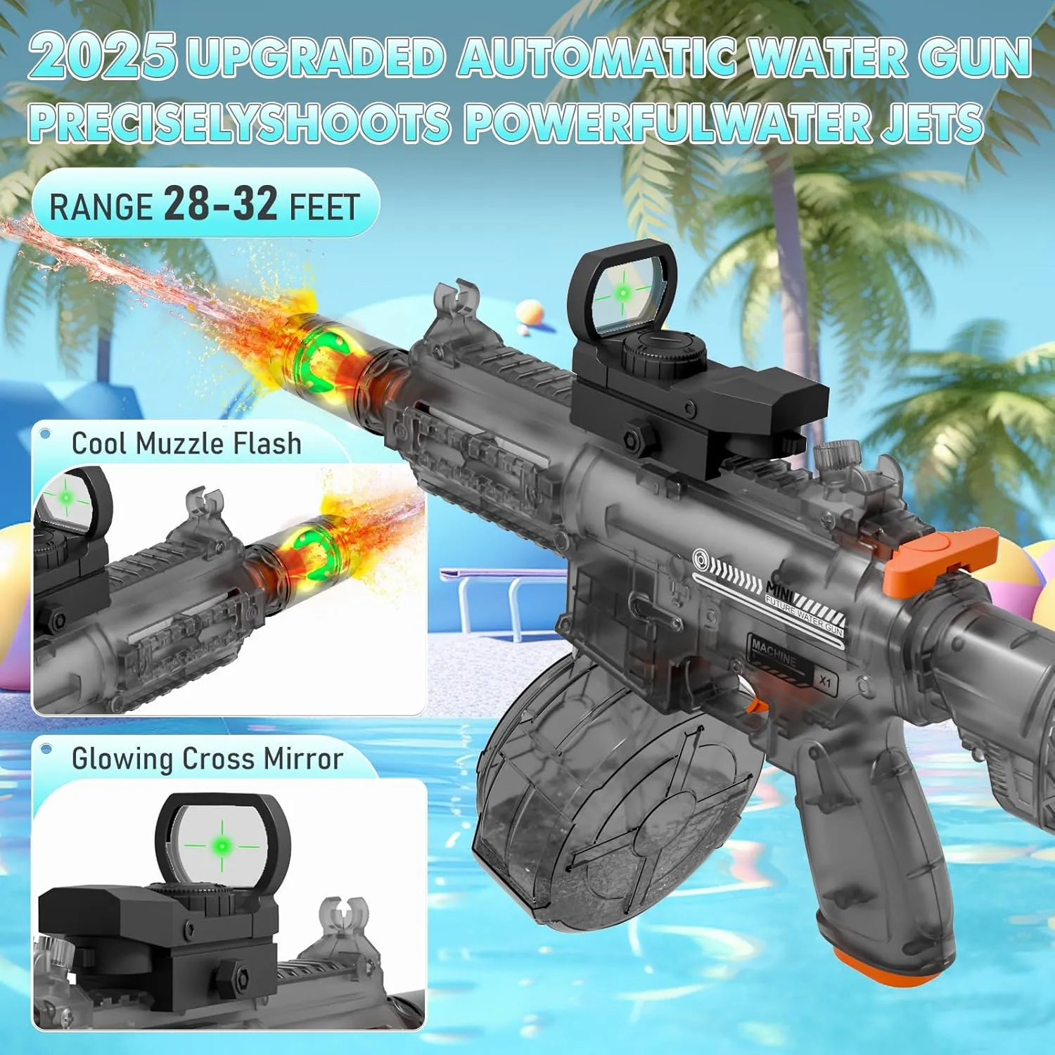 Electric Water Guns for Kids Adults, Transparent Automatic Squirt Guns, Powerful Water Squirt Gun with 28-32 FT Long Range, Summer Outdoor Beach Swimming Pool Party Toys for Boys Girls Adults (Black)