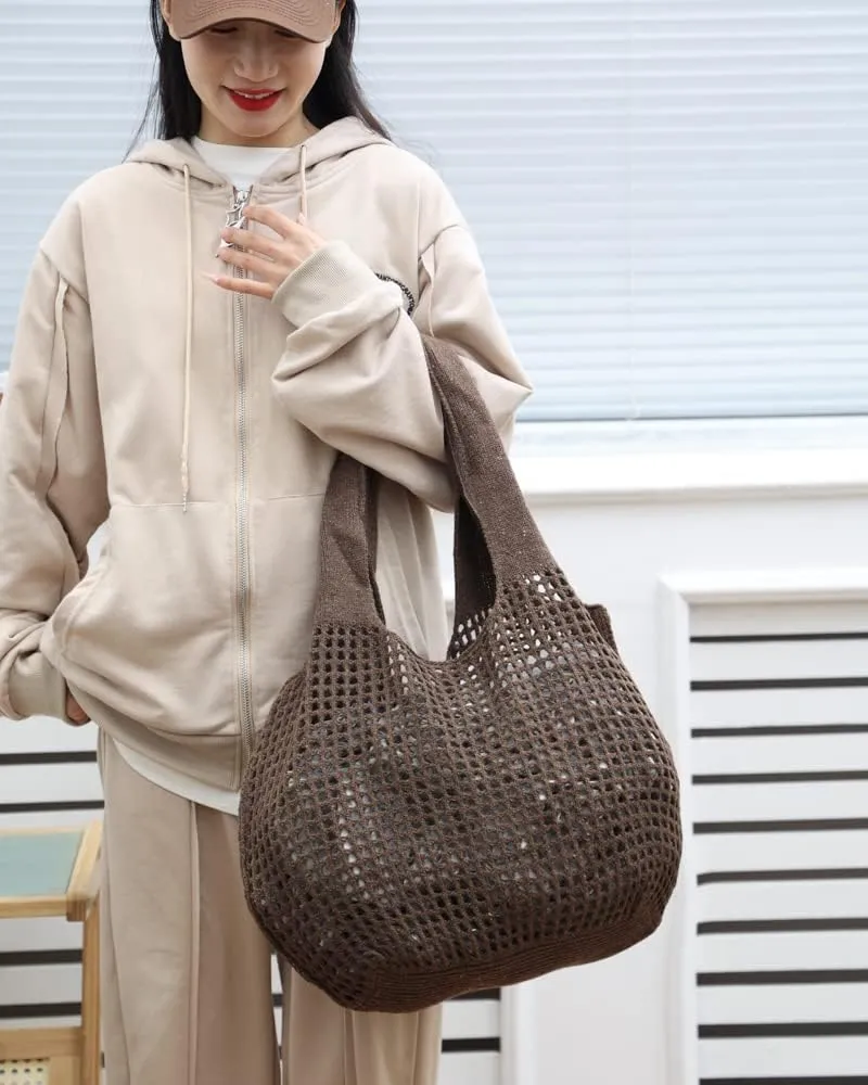ENBEI Crochet Beach Bag - Women's Knit Shoulder Bags for Travel - Cute, Handmade Tote