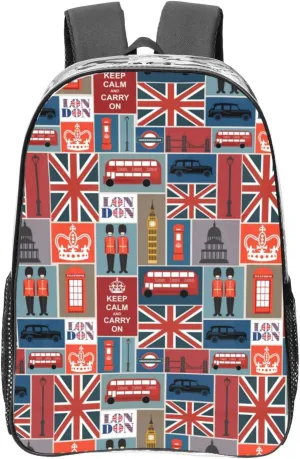 England Symbols Print Functional Transparent Backpack Pvc Clear Bag Compartment Pockets Everyday Use﻿