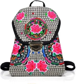 Ethnic Style Bag Canvas Embroidered Embroidered Women's Shoulder Bag With Buckle Backpack(Safflower)