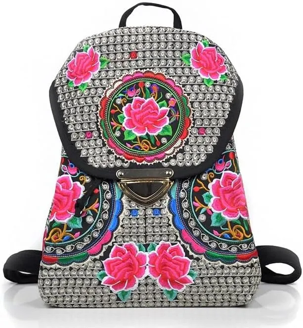 Ethnic Style Bag Canvas Embroidered Embroidered Women's Shoulder Bag With Buckle Backpack(Safflower)