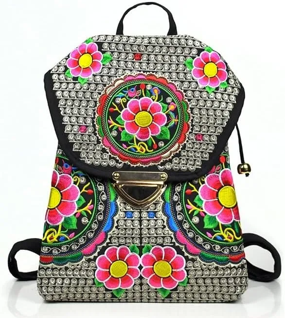 Ethnic Style Bag Canvas Embroidered Embroidered Women's Shoulder Bag With Buckle Backpack(Safflower)