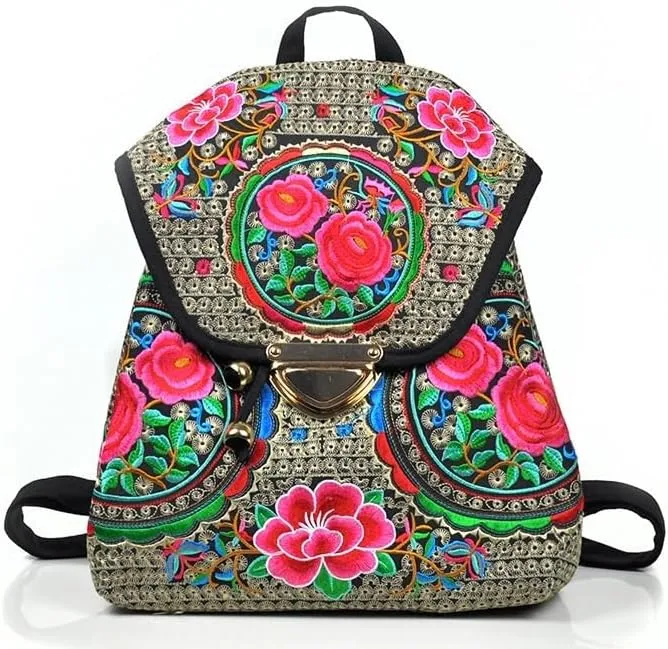 Ethnic Style Bag Canvas Embroidered Embroidered Women's Shoulder Bag With Buckle Backpack(Safflower)