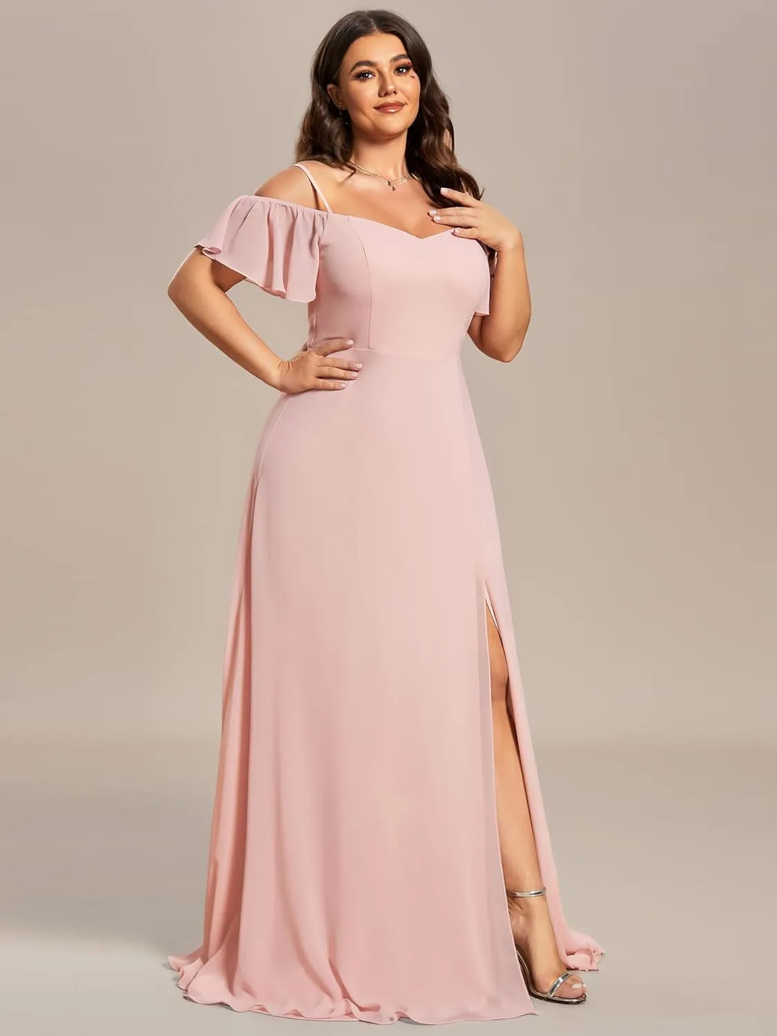 Ever-Pretty Plus Women's Off Shoulder Ruffles Sleeves Side Slit Chiffon Plus Size Bridesmaid Dresses 00237-DA