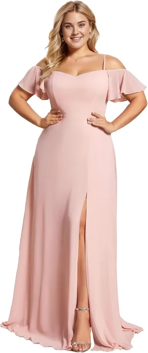 Ever-Pretty Plus Women's Off Shoulder Ruffles Sleeves Side Slit Chiffon Plus Size Bridesmaid Dresses 00237-DA