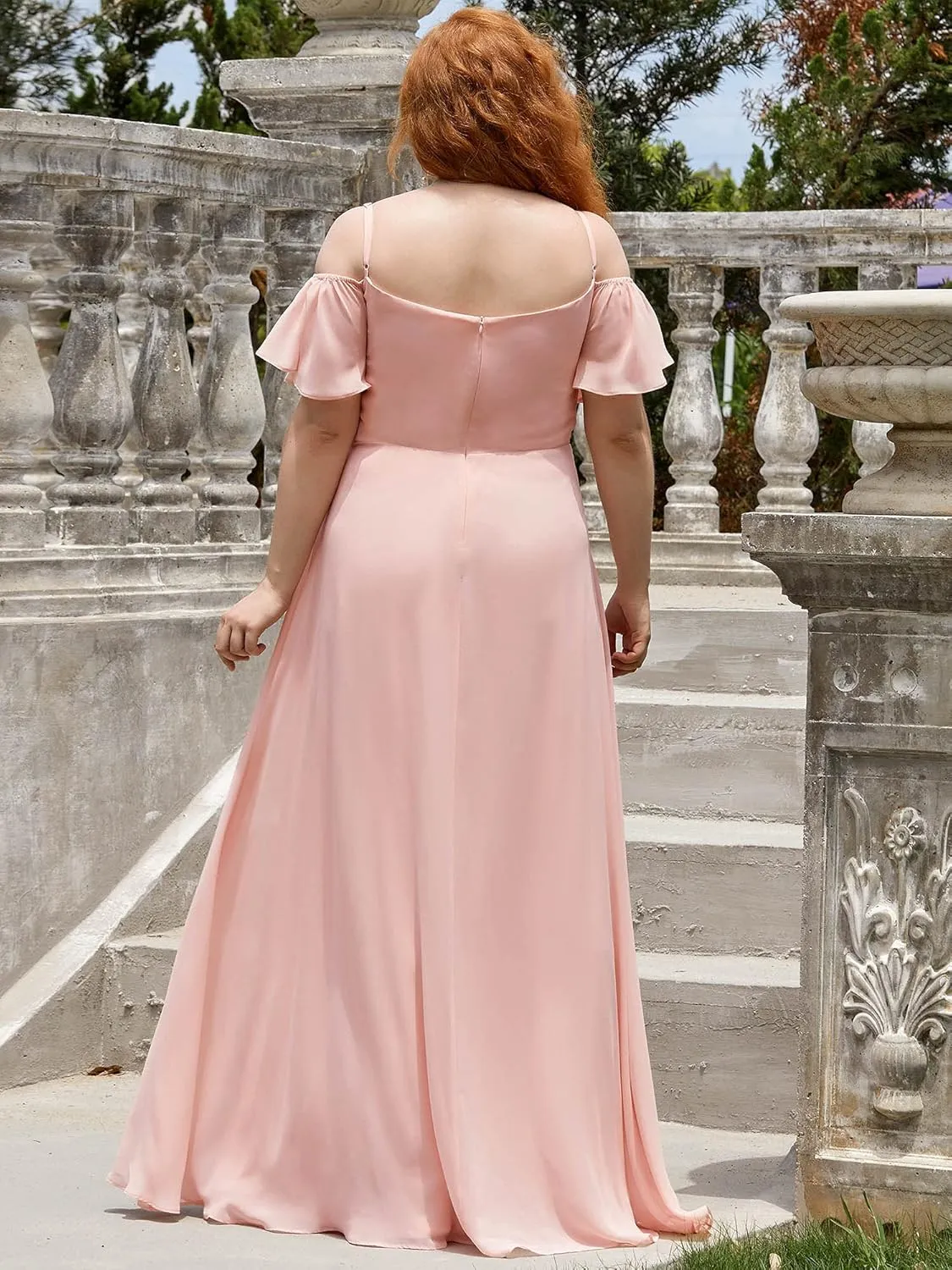 Ever-Pretty Plus Women's Off Shoulder Ruffles Sleeves Side Slit Chiffon Plus Size Bridesmaid Dresses 00237-DA