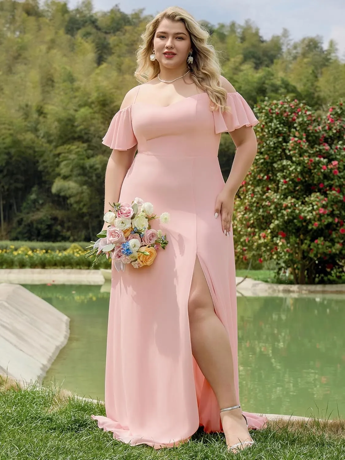 Ever-Pretty Plus Women's Off Shoulder Ruffles Sleeves Side Slit Chiffon Plus Size Bridesmaid Dresses 00237-DA
