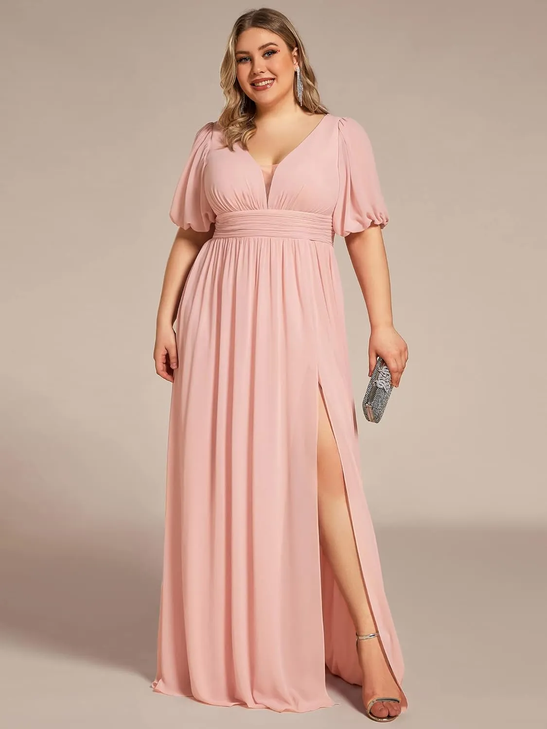 Ever-Pretty Plus Womens V-Neck Puffy Sleeves Empire Waist Ruched Bust A-Line Slit Maxi Plus Size Formal Dress