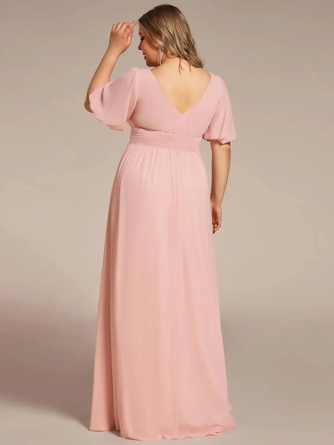 Ever-Pretty Plus Womens V-Neck Puffy Sleeves Empire Waist Ruched Bust A-Line Slit Maxi Plus Size Formal Dress