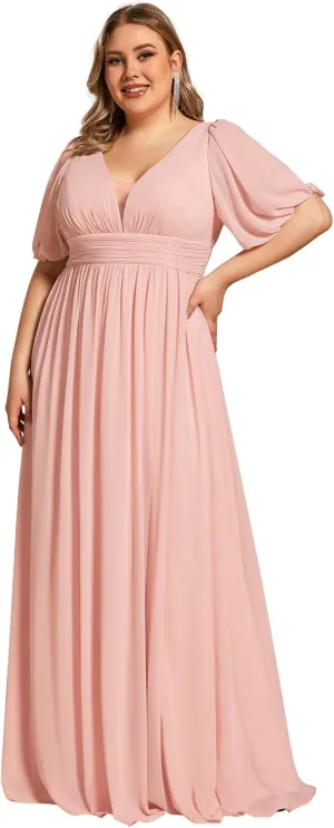 Ever-Pretty Plus Womens V-Neck Puffy Sleeves Empire Waist Ruched Bust A-Line Slit Maxi Plus Size Formal Dress