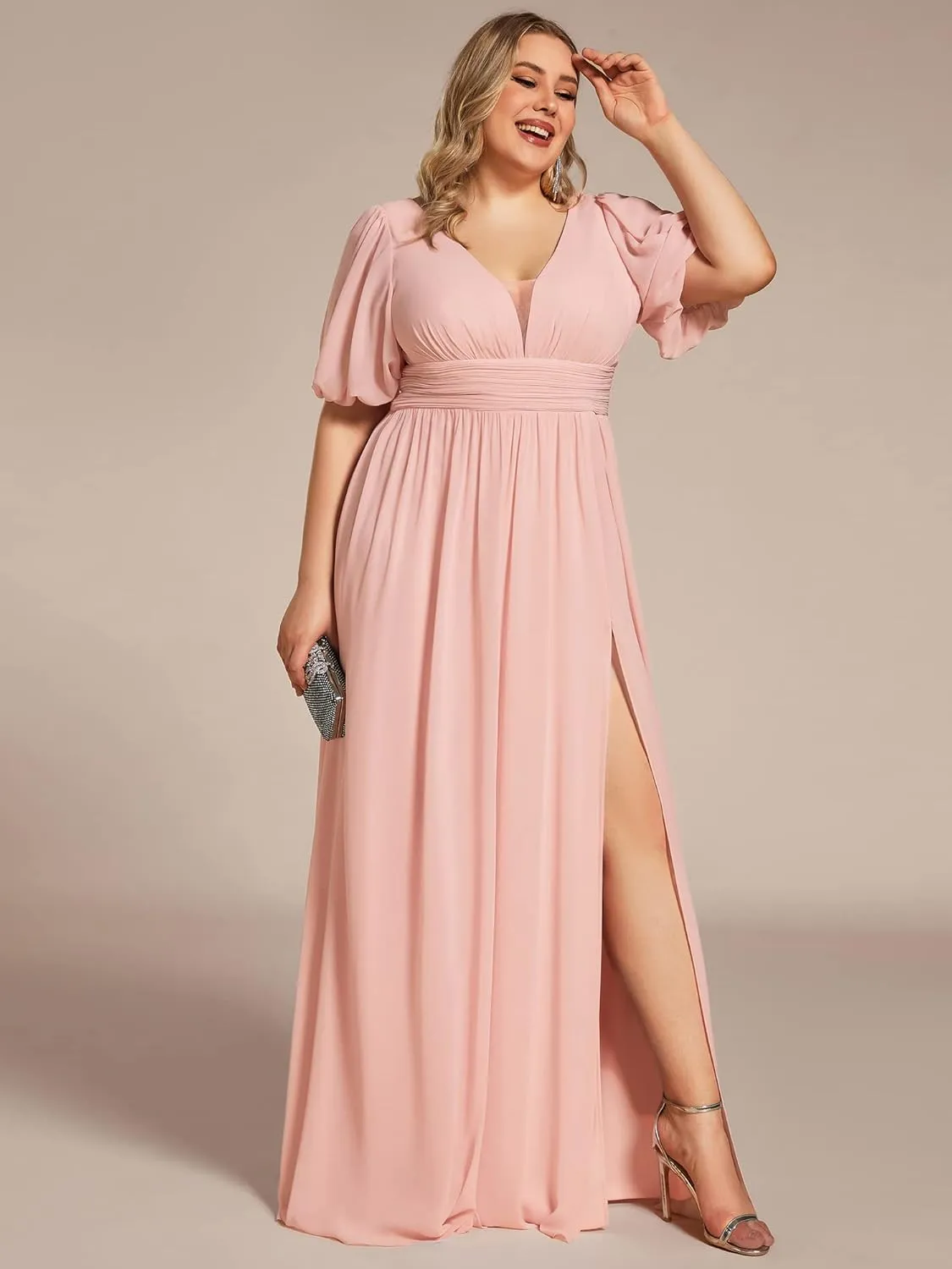 Ever-Pretty Plus Womens V-Neck Puffy Sleeves Empire Waist Ruched Bust A-Line Slit Maxi Plus Size Formal Dress