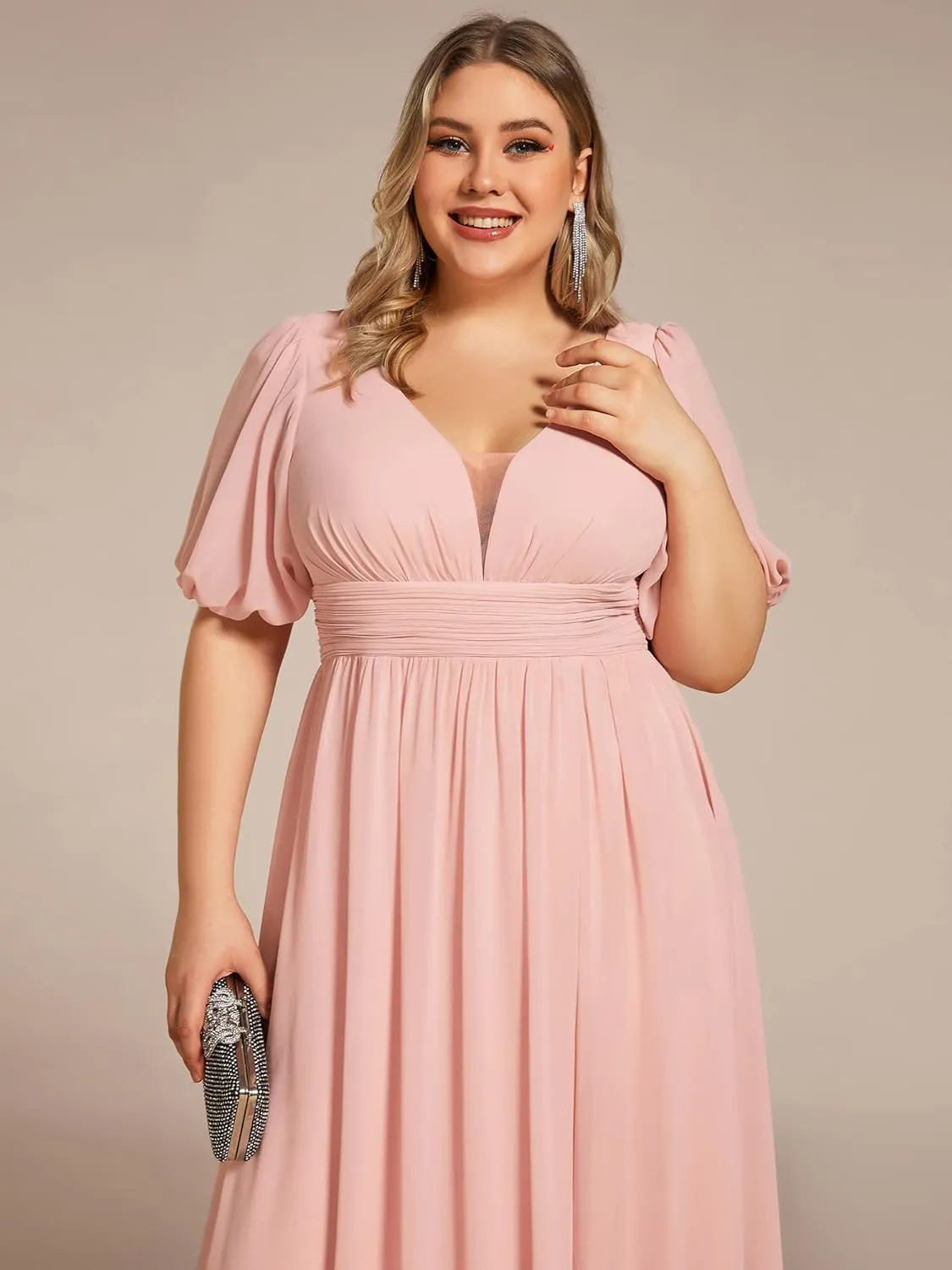 Ever-Pretty Plus Womens V-Neck Puffy Sleeves Empire Waist Ruched Bust A-Line Slit Maxi Plus Size Formal Dress