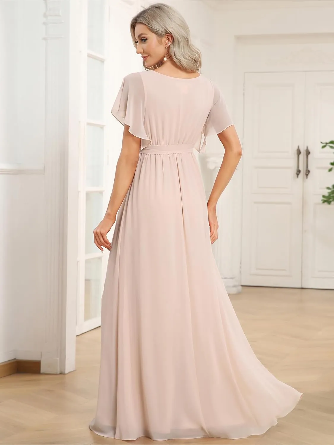 Ever-Pretty Women's Bridesmaid Dress V-Neck Ruffle Sleeves Ruched Bust Floor Length Chiffon Formal Dresses 0164A