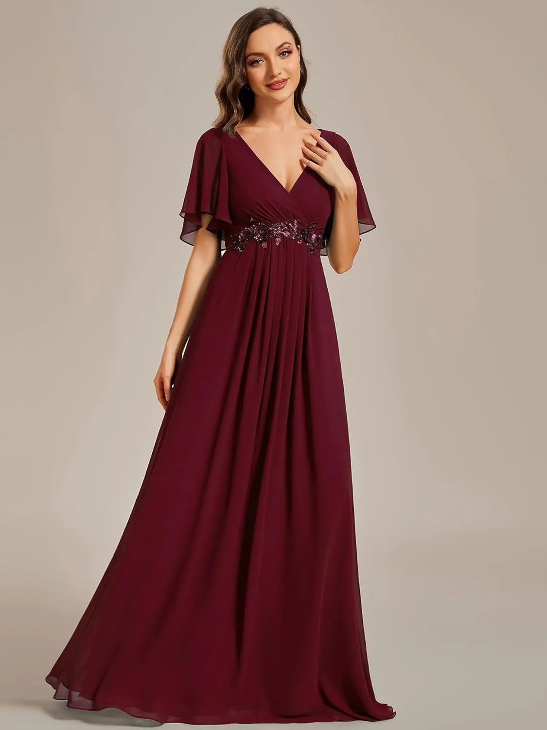 Ever-Pretty Women's Chiffon A-Line Ruched Short Sleeves Applique Waist V Neck Formal Dresses and Evening Gowns