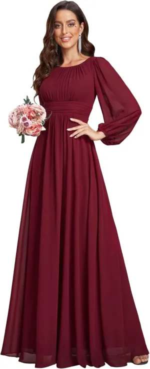 Ever-Pretty Women's Crewneck Long Lantern Sleeves Floor Length A-Line Pleated Chiffon Formal Dress 0106B