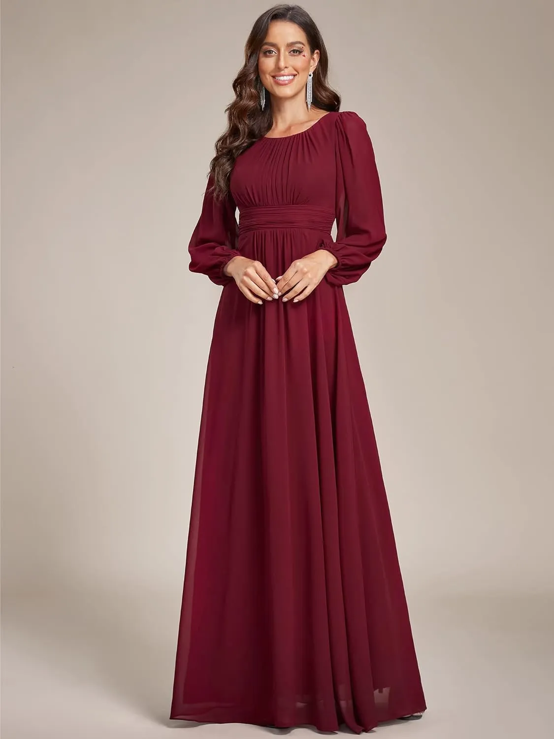 Ever-Pretty Women's Crewneck Long Lantern Sleeves Floor Length A-Line Pleated Chiffon Formal Dress 0106B