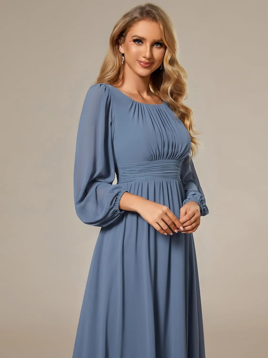 Ever-Pretty Women's Crewneck Long Lantern Sleeves Floor Length A-Line Pleated Chiffon Formal Dress 0106B
