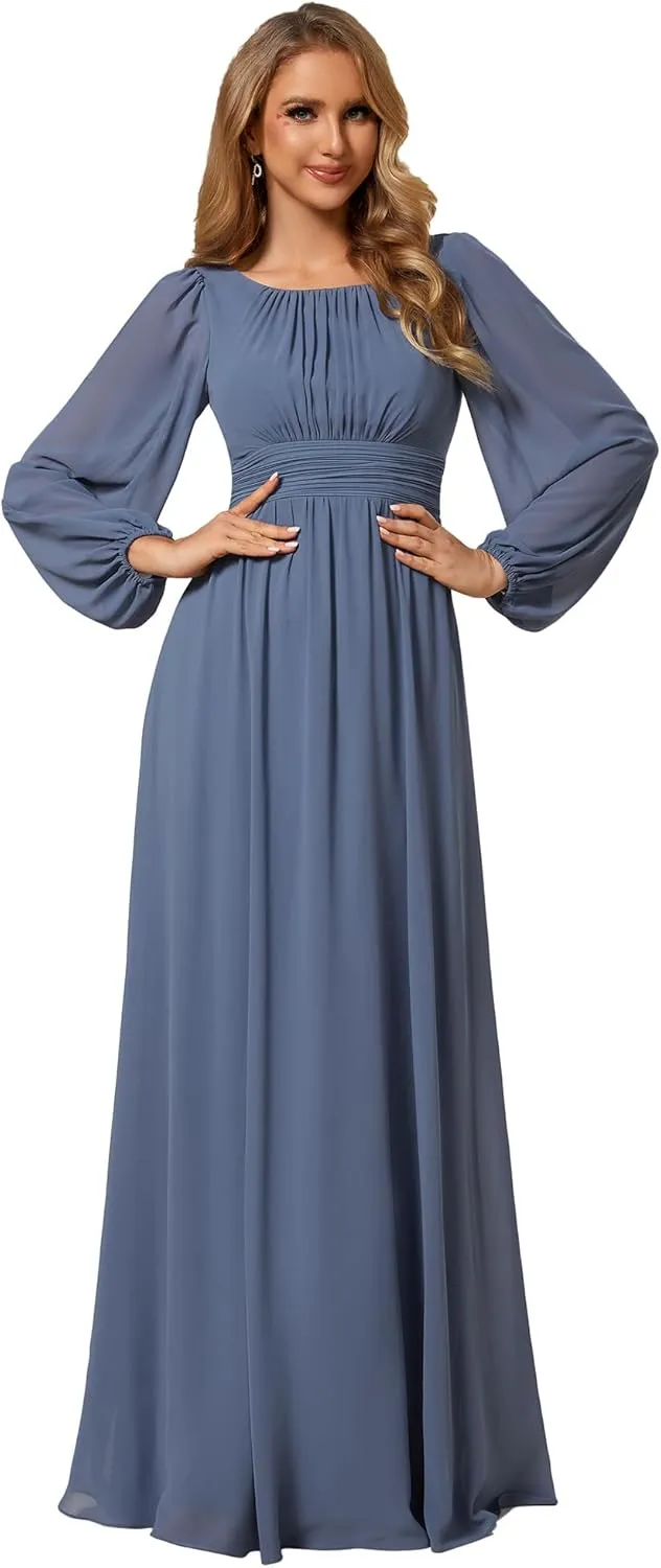 Ever-Pretty Women's Crewneck Long Lantern Sleeves Floor Length A-Line Pleated Chiffon Formal Dress 0106B