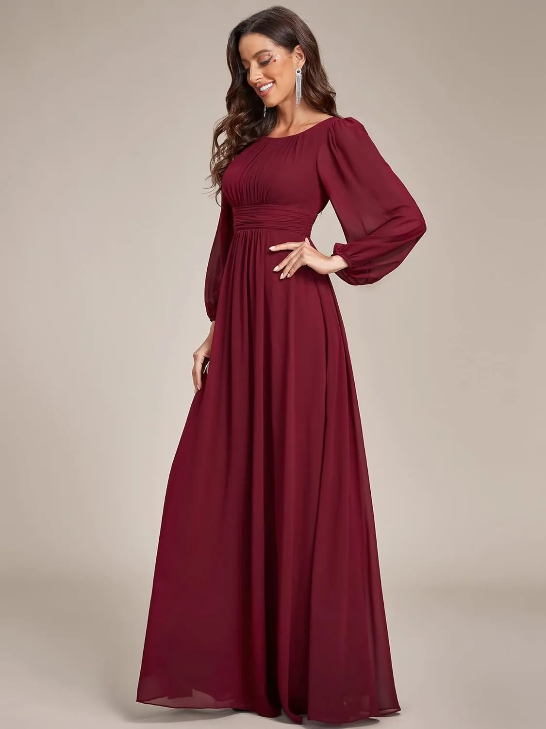 Ever-Pretty Women's Crewneck Long Lantern Sleeves Floor Length A-Line Pleated Chiffon Formal Dress 0106B