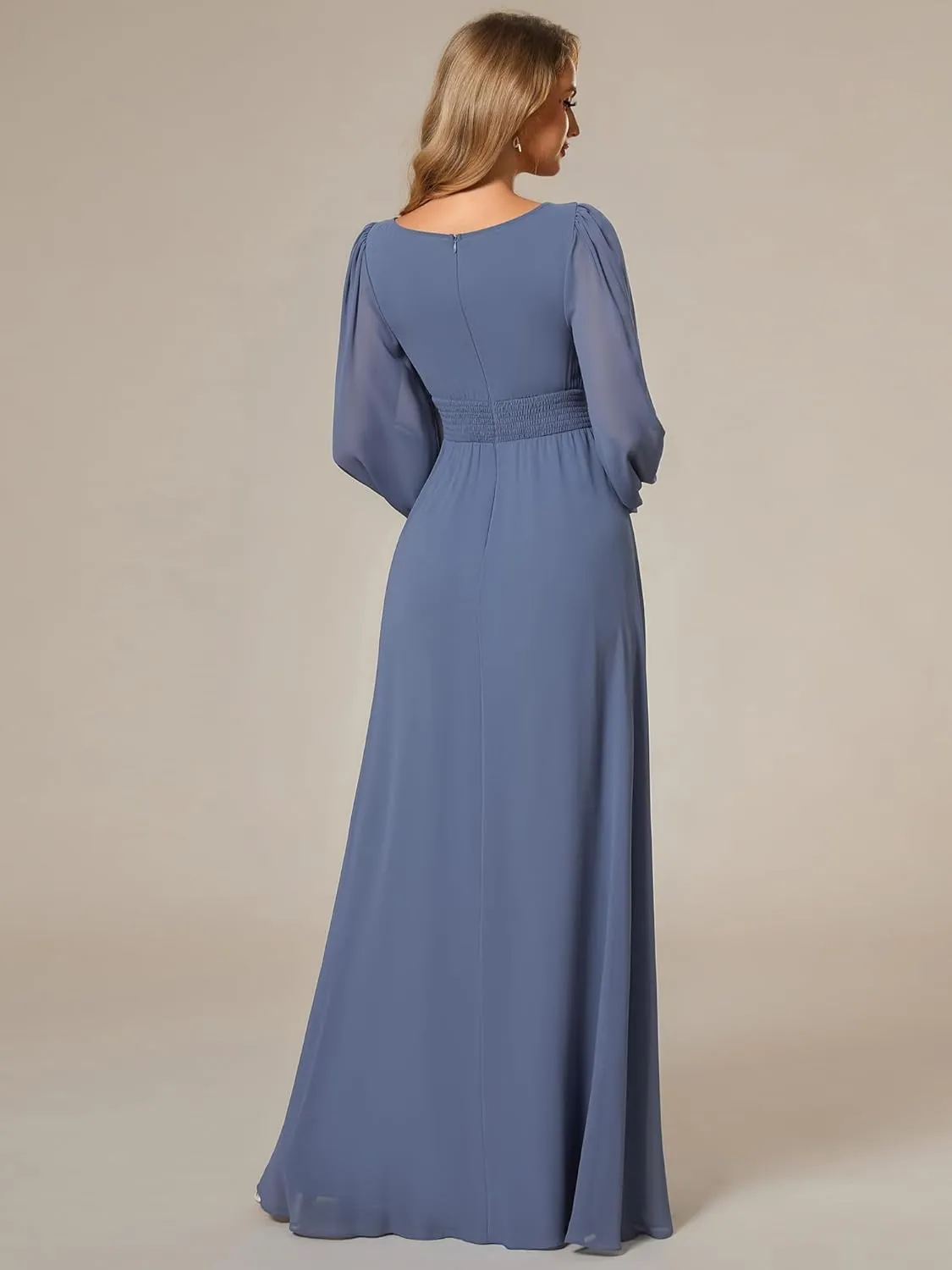 Ever-Pretty Women's Crewneck Long Lantern Sleeves Floor Length A-Line Pleated Chiffon Formal Dress 0106B