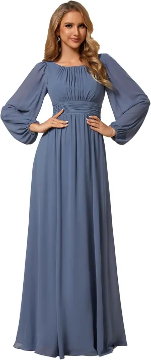 Ever-Pretty Women's Crewneck Long Lantern Sleeves Floor Length A-Line Pleated Chiffon Formal Dress 0106B