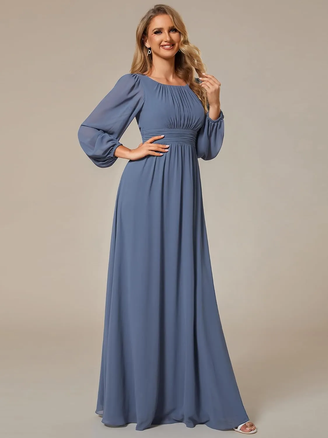Ever-Pretty Women's Crewneck Long Lantern Sleeves Floor Length A-Line Pleated Chiffon Formal Dress 0106B