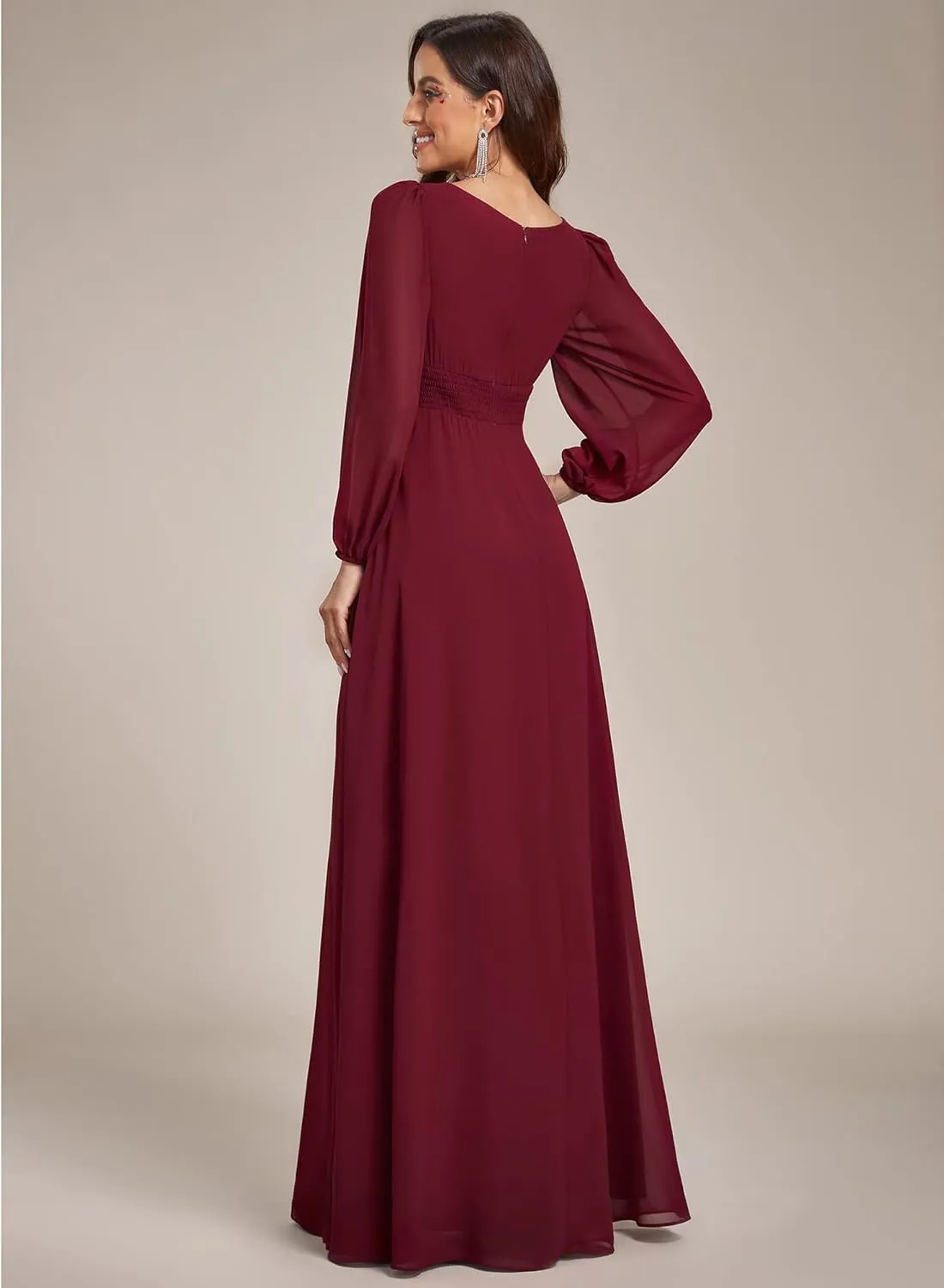 Ever-Pretty Women's Crewneck Long Lantern Sleeves Floor Length A-Line Pleated Chiffon Formal Dress 0106B