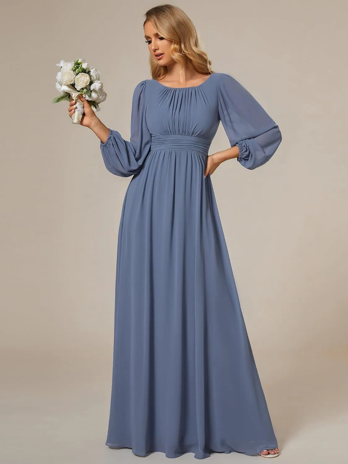 Ever-Pretty Women's Crewneck Long Lantern Sleeves Floor Length A-Line Pleated Chiffon Formal Dress 0106B