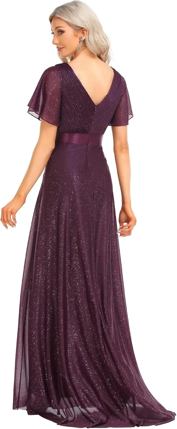 Ever-Pretty Womens Evening Dresses V Neck Short Sleeves A-line Glitter Formal Dresses 50159