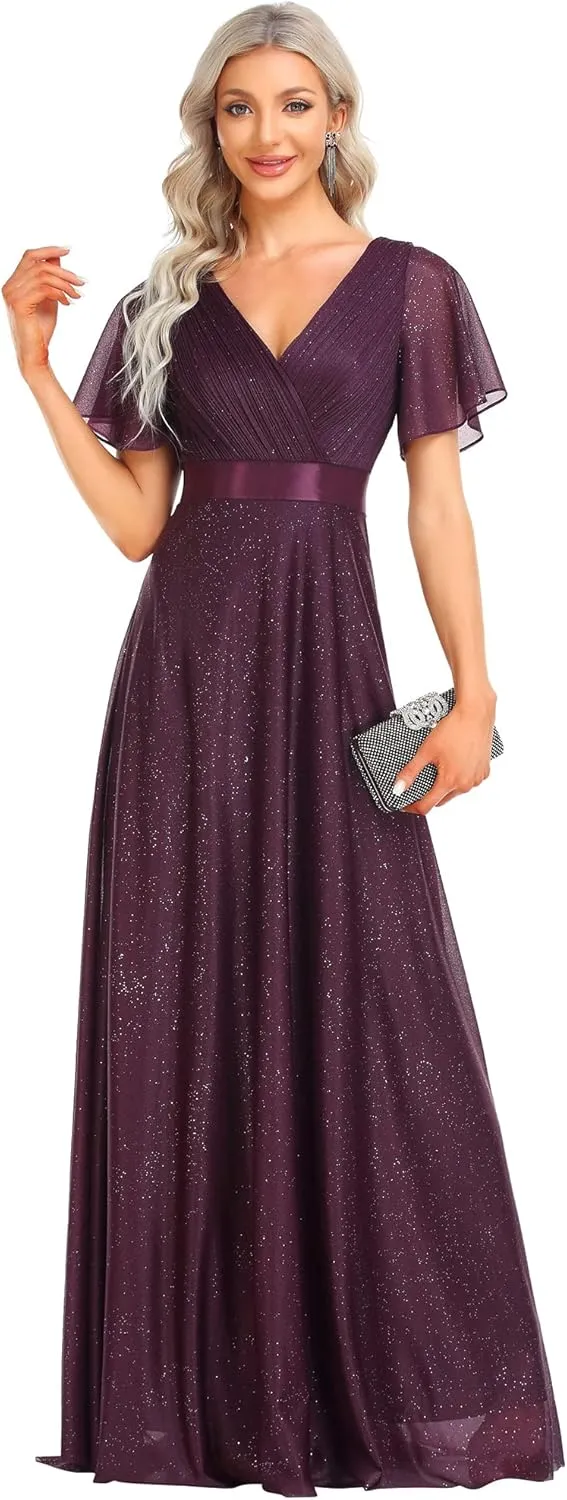 Ever-Pretty Womens Evening Dresses V Neck Short Sleeves A-line Glitter Formal Dresses 50159