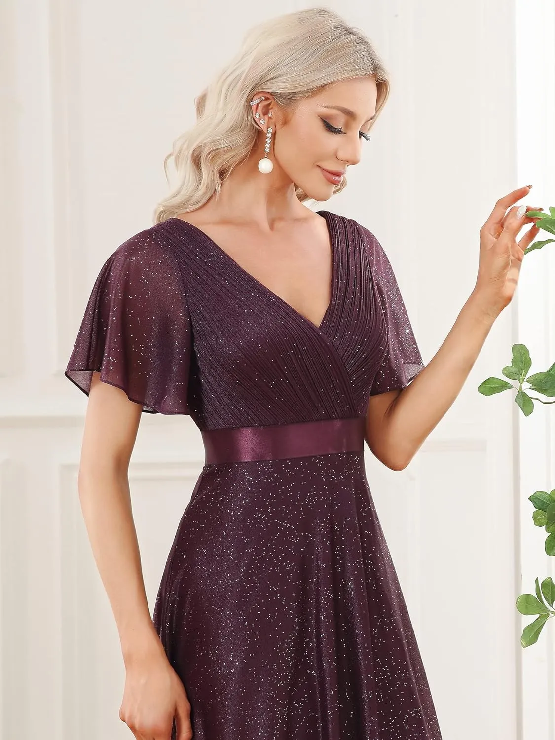 Ever-Pretty Womens Evening Dresses V Neck Short Sleeves A-line Glitter Formal Dresses 50159