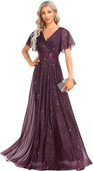 Ever-Pretty Womens Evening Dresses V Neck Short Sleeves A-line Glitter Formal Dresses 50159